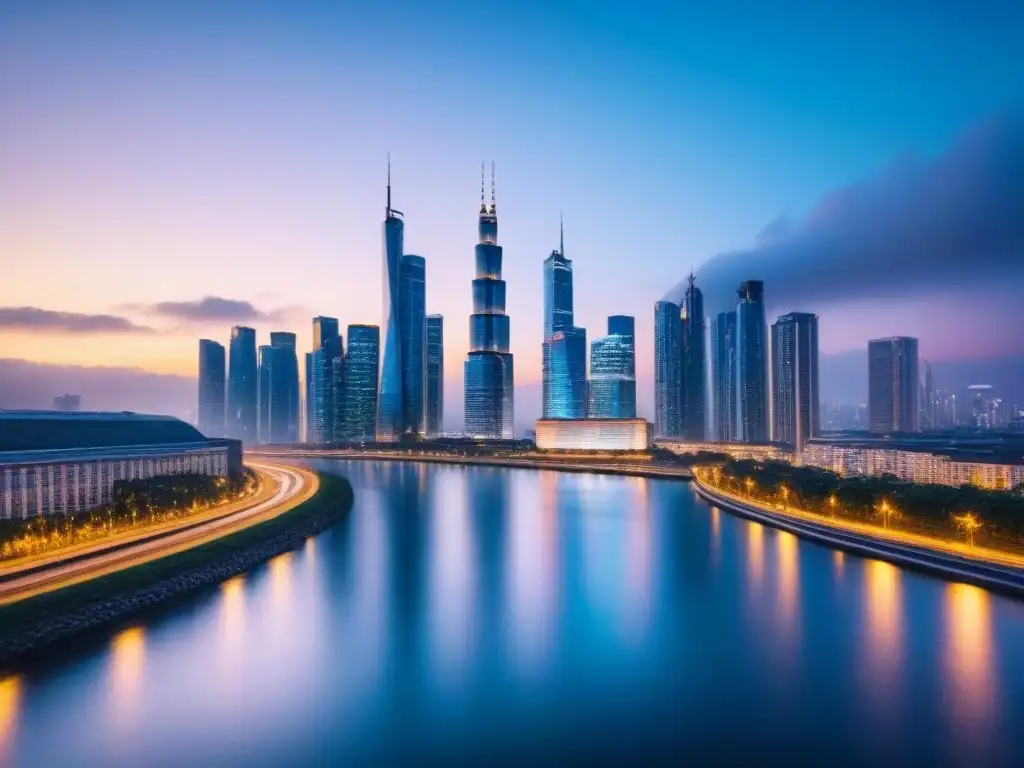 Horizonte urbano moderno: luces vibrantes en río sereno Vista urbana al atardecer con rascacielos iluminados por luces de la ciudad, reflejados en el río, impacto política monetaria mercado inmobiliario