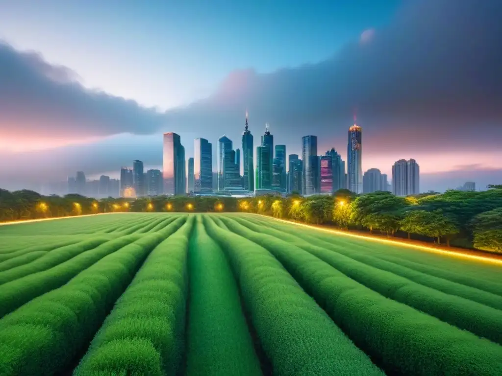 Horizonte urbano al atardecer: armonía entre naturaleza y ciudad Vista urbana al atardecer con rascacielos iluminados y parque verde, simbolizando riesgos ambientales para inversores inmobiliarios