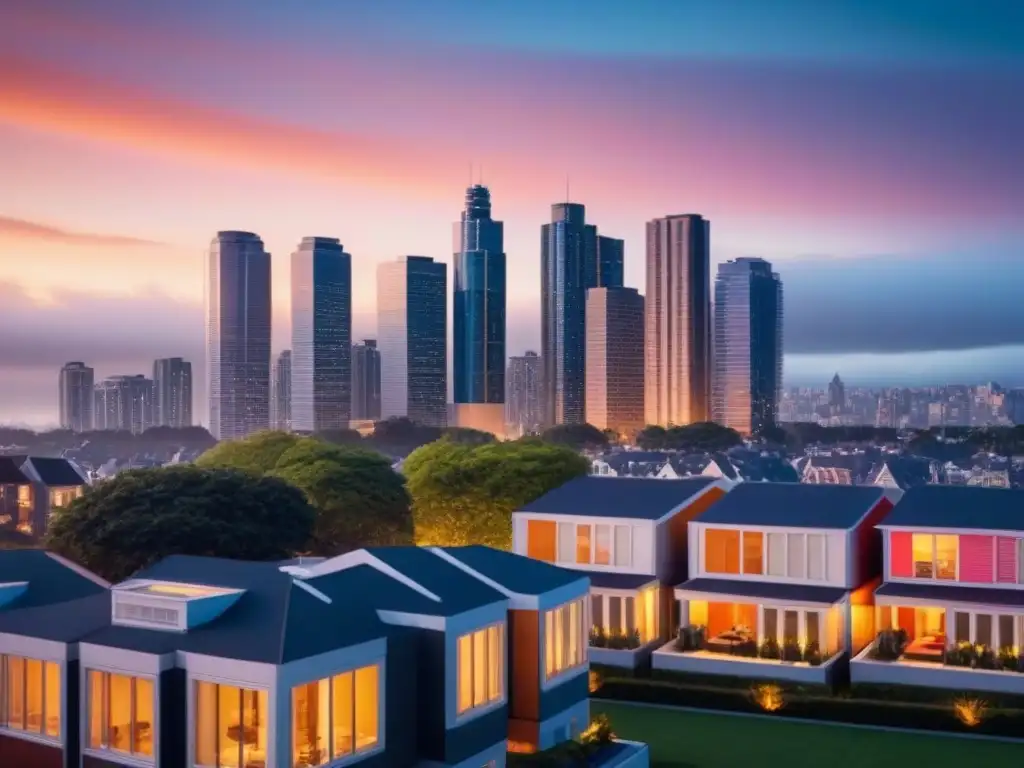 Paisaje urbano al atardecer: lujo y sofisticación en la ciudad Vista urbana al atardecer con rascacielos reflejando tonos cálidos en fachada de cristal, junto a casas elegantes y jardines