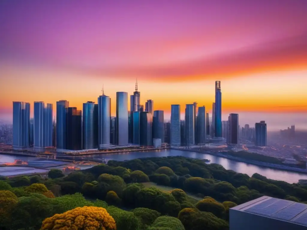 Horizonte urbano moderno al atardecer: reflejos en rascacielos de cristal Vista urbana al atardecer, con rascacielos de cristal reflejando colores cálidos del cielo, ideal para invertir en propiedades de remate