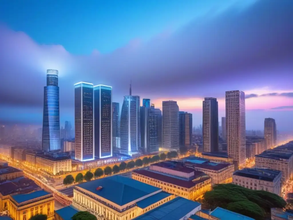 Contraste urbano: luces neón entre rascacielos y edificios históricos Vista urbana al atardecer, fusionando rascacielos modernos con edificios históricos, luces de neón vibrantes