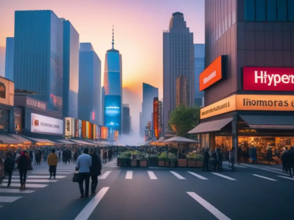 Cityscape al atardecer: vibrante metrópolis en evolución Vista urbana dinámica al atardecer con rascacielos, calles llenas de gente y locales iluminados