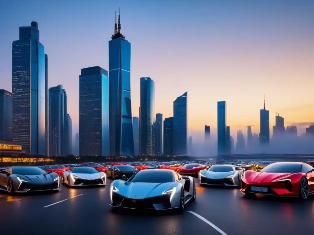 Metrópolis futurista: real estate y tecnología avanzada Vista urbana dinámica al anochecer con rascacielos iluminados y autos modernos, reflejando avances en el análisis de tendencias mercado inmobiliario