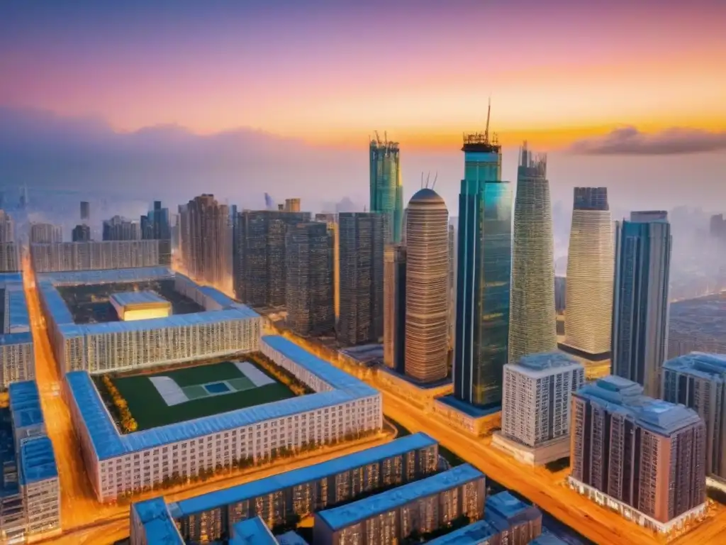 Inversión inmobiliaria diversa al atardecer Vista urbana diversa al atardecer con rascacielos y ciudadanos, reflejando la inclusividad demográfica en inversión inmobiliaria