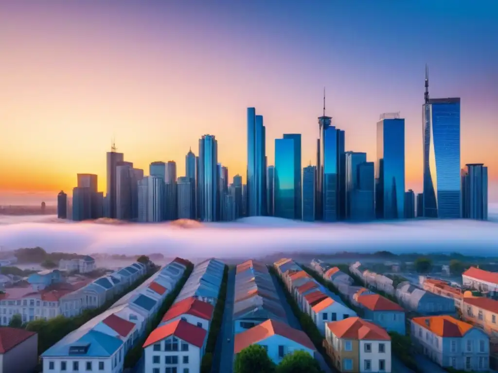 Metrópolis diversificada: estrategias inmobiliarias para ciclos económicos Vista urbana diversificada con rascacielos representando sectores económicos, enfatizando estrategias diversificación inmobiliaria ciclos económicos
