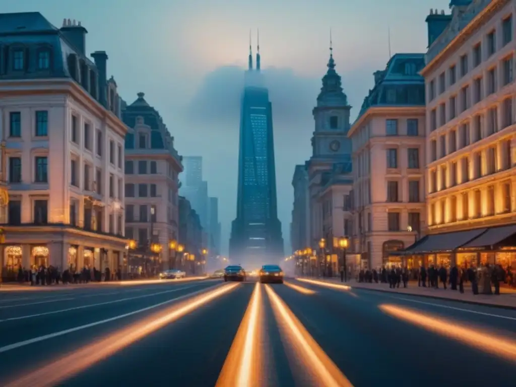 Cityscape atardecer: fusión histórica y moderna en 8k Vista urbana al anochecer: edificios históricos y rascacielos modernos iluminados, reflejo de normativa conservación inversión inmobiliaria