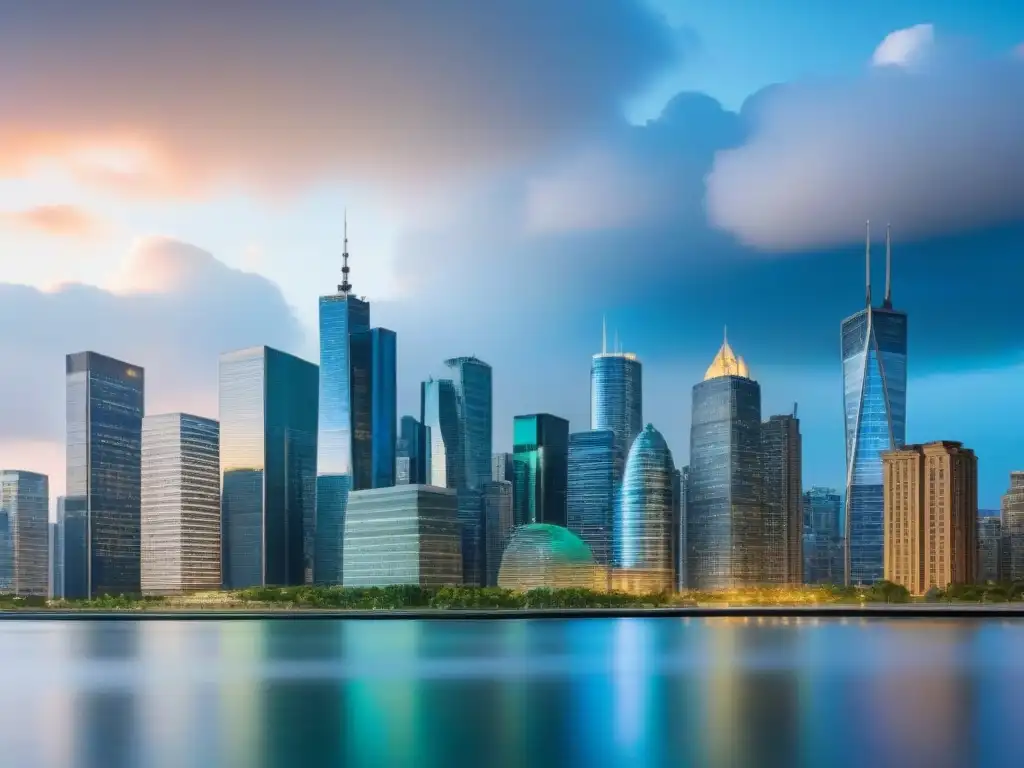 Skyline financiero: impacto de la política monetaria en préstamos inmobiliarios Vista urbana con edificios y símbolos financieros, reflejando la relación entre política monetaria y créditos inmobiliarios