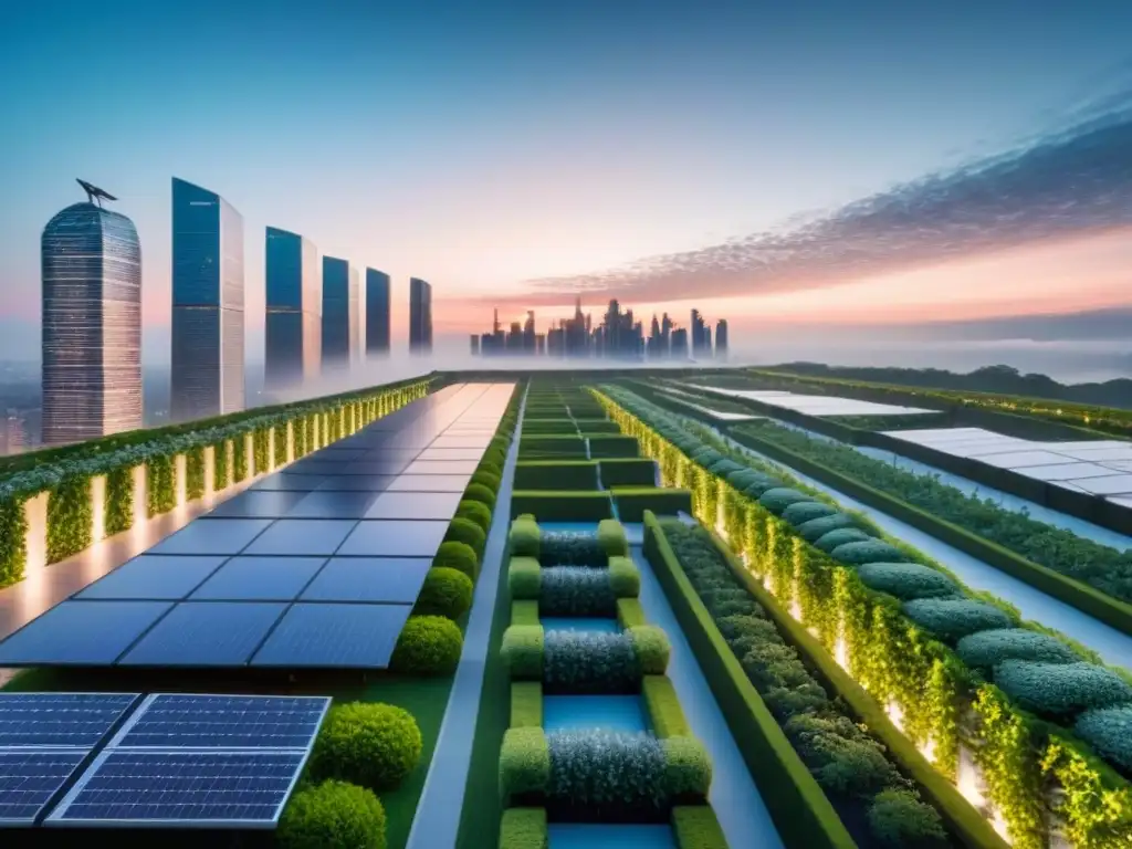 Horizonte urbano futurista: arquitectura sostenible y verde Vista urbana futurista al atardecer con rascacielos sostenibles, energía eficiente y diseño ecoamigable en inversiones inmobiliarias