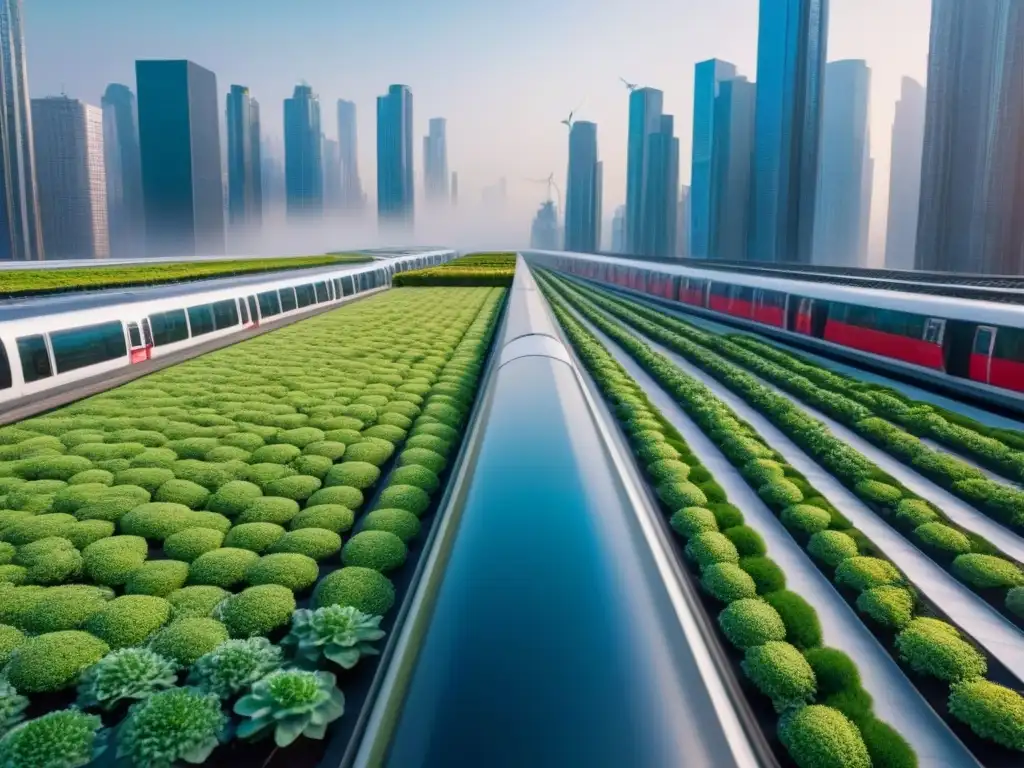 Metrópolis futurista ecoamigable: integración verde en la ciudad Vista urbana futurista con infraestructura verde integrada, mostrando inversiones en impacto social