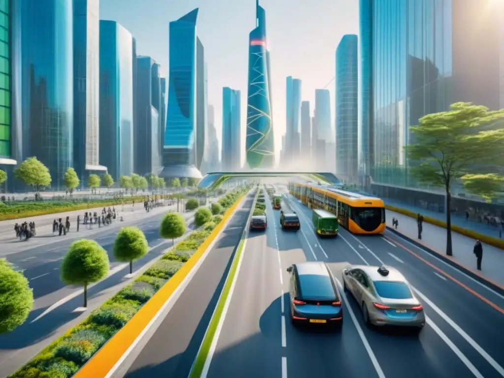 Metrópolis sostenible: modernidad y diversidad en la ciudad del futuro Vista urbana futurista con modernos rascacielos, transporte público eficiente y zonas potencial valorización mejoras servicios