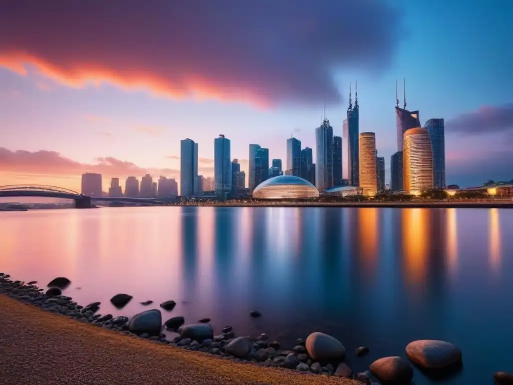 Horizonte urbano moderno iluminado al anochecer Vista urbana moderna al atardecer con rascacielos iluminados y reflejados en un río, cielo cálido