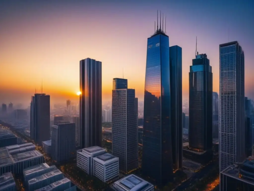 Horizonte urbano moderno al atardecer: éxito financiero en la ciudad Vista urbana moderna al atardecer, con rascacielos de vidrio y calles llenas de profesionales, reflejando la Importancia de la TIR inmobiliaria