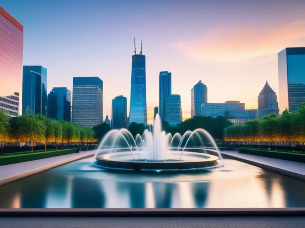 Horizonte urbano moderno al anochecer: finanzas y naturaleza Vista urbana moderna con rascacielos iluminados al anochecer y un parque tranquilo con fuente