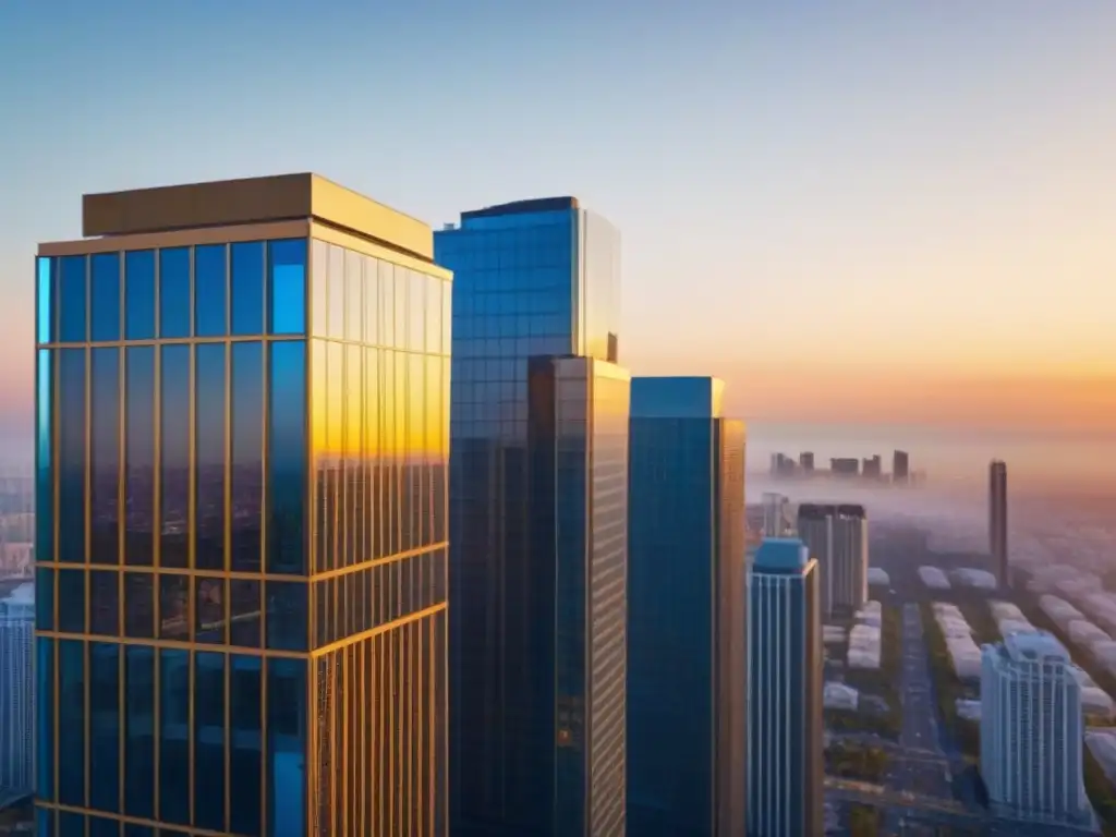 Horizonte urbano dorado: asegura tu inversión inmobiliaria Vista urbana moderna con rascacielos relucientes reflejando tonos dorados del atardecer en un cielo azul claro