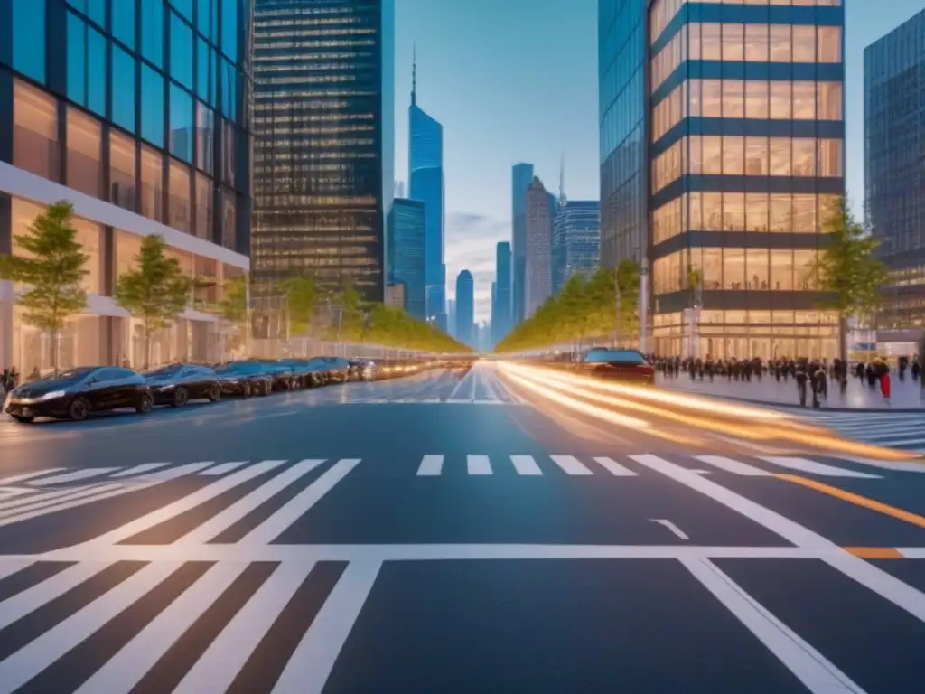 Metrópolis futurista: luces, vehículos y sostenibilidad Vista urbana al anochecer con modernos rascacielos iluminados y soluciones de movilidad sostenible