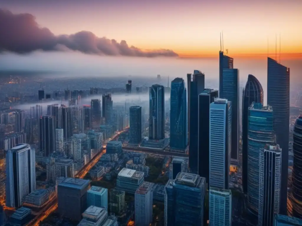 Resiliencia urbana: ciudad vibrante ante desafíos económicos Vista urbana con rascacielos al atardecer, reflejando resiliencia ante el Brexit impacto inversión inmobiliaria