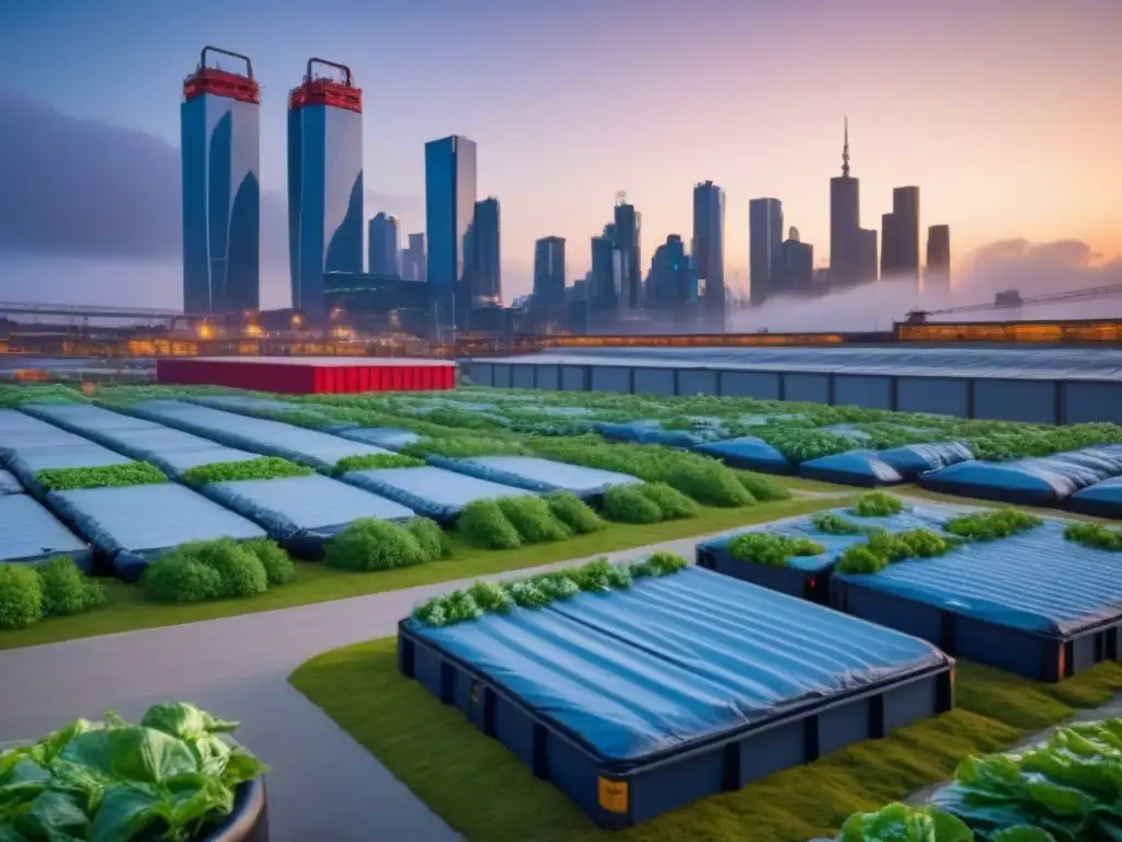 Armonía urbana: rascacielos futuristas y gestión sostenible de residuos Vista urbana al anochecer con rascacielos futuristas y planta de reciclaje, ilustrando el impacto de los residuos en el mercado inmobiliario