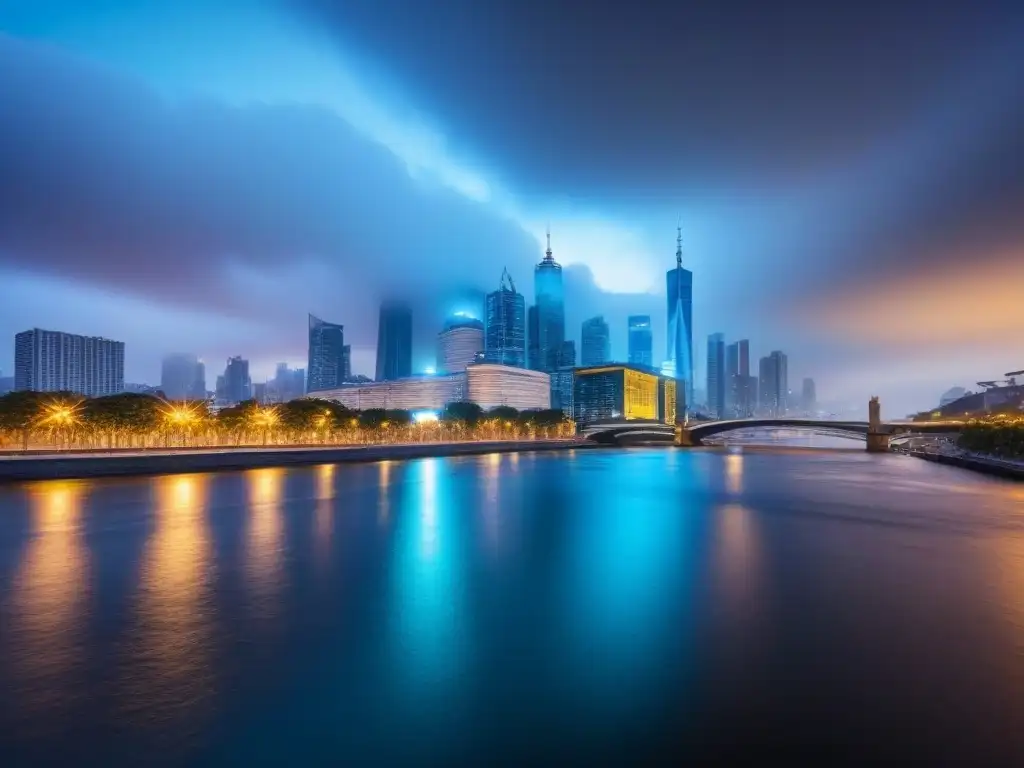 Vista urbana al anochecer, con rascacielos iluminados y un río sereno