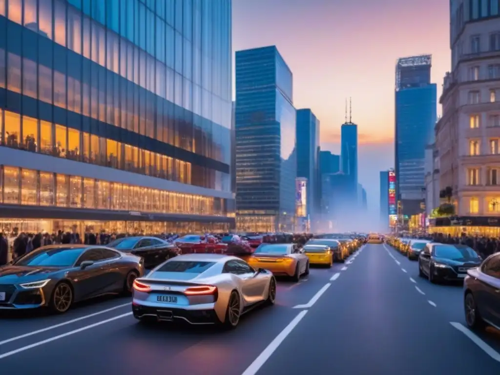 Metrópolis luminosa: vida urbana en crecimiento al atardecer Vista urbana al anochecer con rascacielos iluminados y calles llenas de vida, ideal para hablar de plusvalía municipal venta propiedad