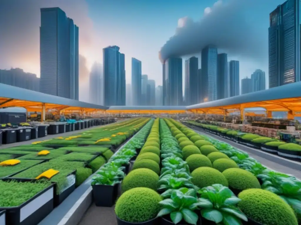 Metrópolis sostenible: integración de reciclaje en la ciudad Vista urbana 8k con rascacielos, instalaciones de reciclaje y espacios verdes, integrando sistemas de gestión de residuos