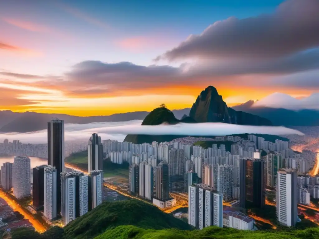 Metrópolis vibrante en Sudamérica: rascacielos, naturaleza y negocios Vista urbana en Sudamérica con rascacielos modernos y verde exuberante