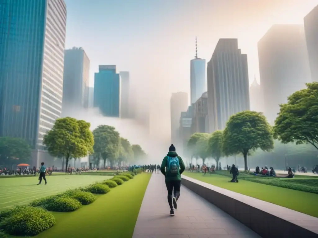 Armonía urbana: rascacielos y parques verdes llenos de vida Vista urbana: rascacielos modernos junto a parques verdes llenos de gente disfrutando