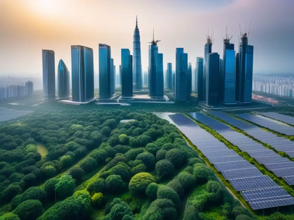 Metrópolis sostenible: rascacielos modernos entre naturaleza exuberante Vista urbana sostenible con rascacielos modernos rodeados de vegetación, paneles solares y actividad ecoamigable