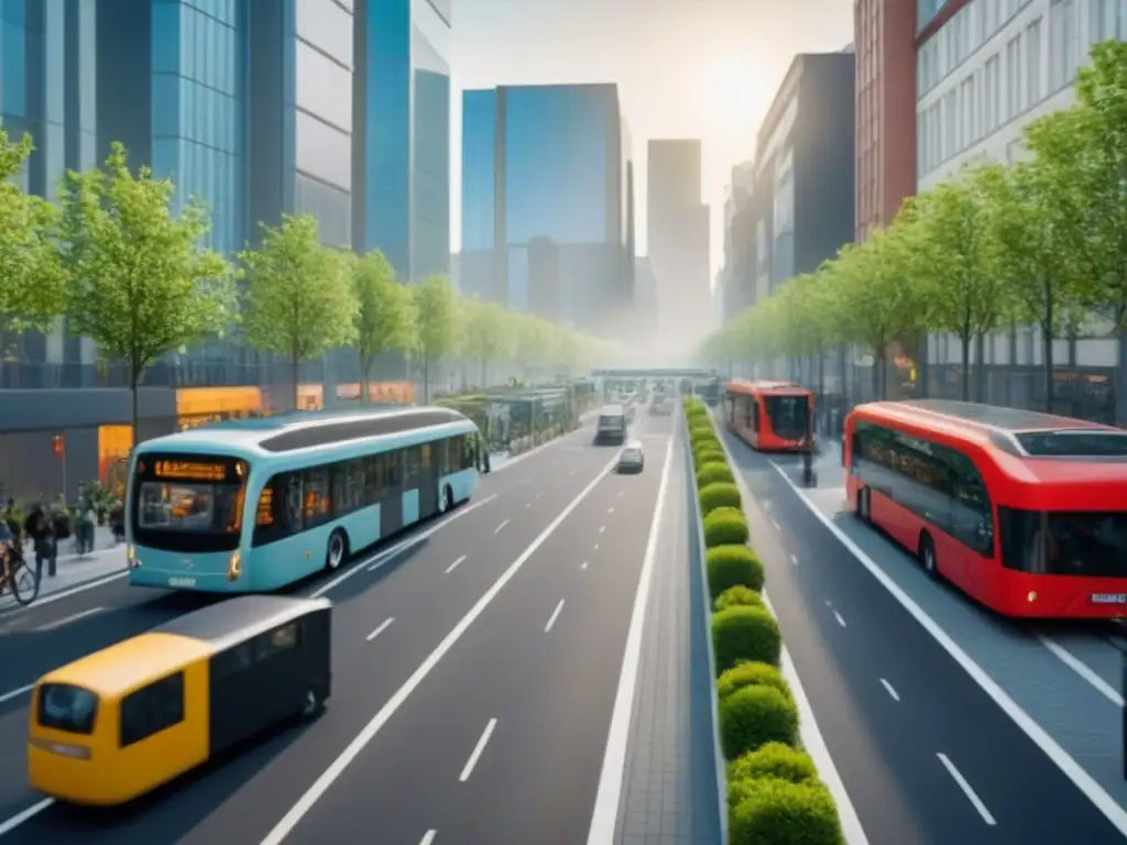 Cityscape sostenible: movilidad urbana y verde integrados Vista urbana sostenible con soluciones sostenibles de movilidad urbana: buses eléctricos, ciclovías, peatonales y edificios verdes