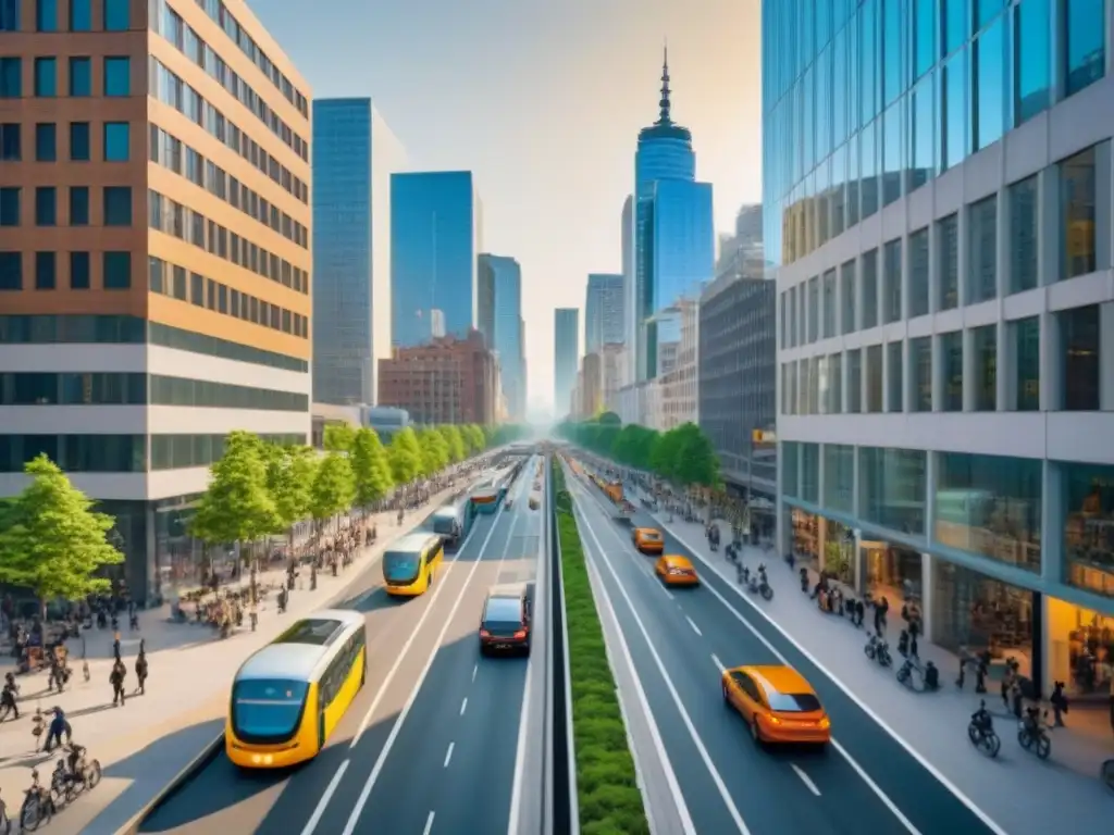 Arquitectura moderna y sostenible en la bulliciosa ciudad Vista urbana vibrante, con arquitectura moderna, espacios verdes y transporte variado