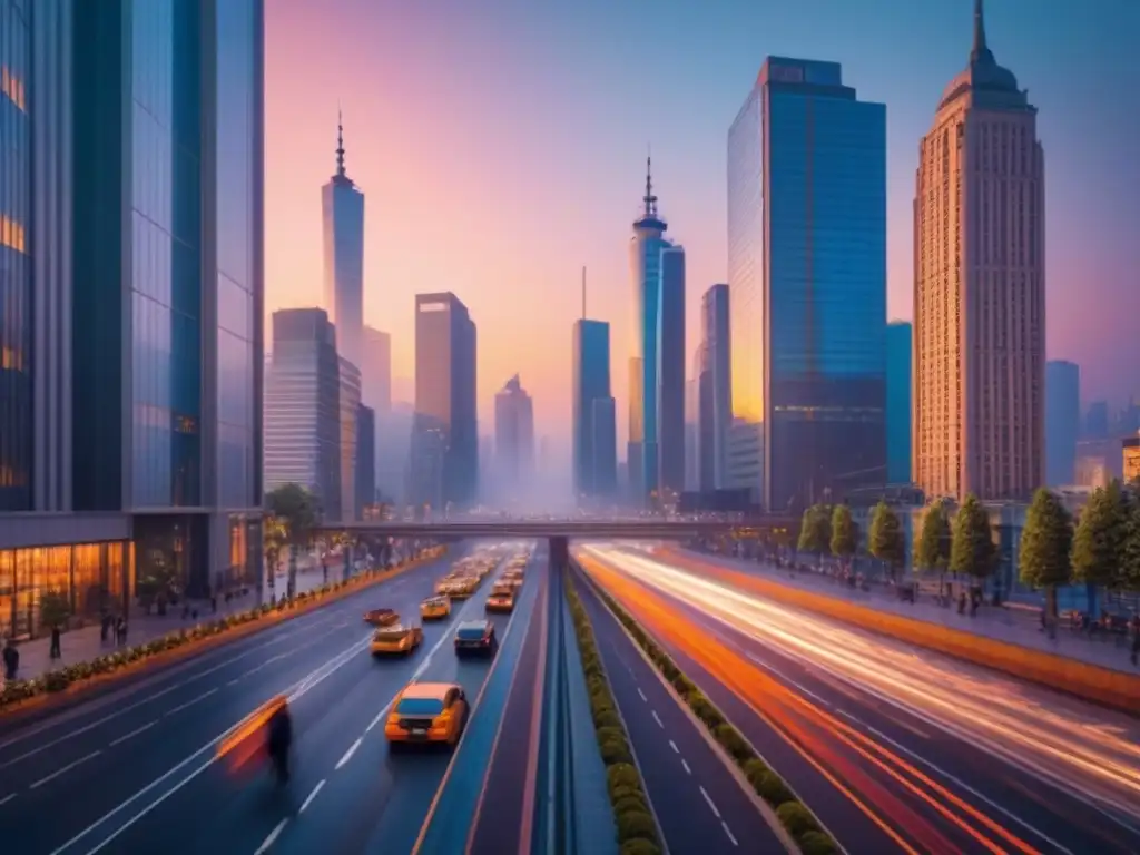 Espléndido atardecer en ciudad moderna Vista urbana vibrante al atardecer con rascacielos modernos y calles bulliciosas