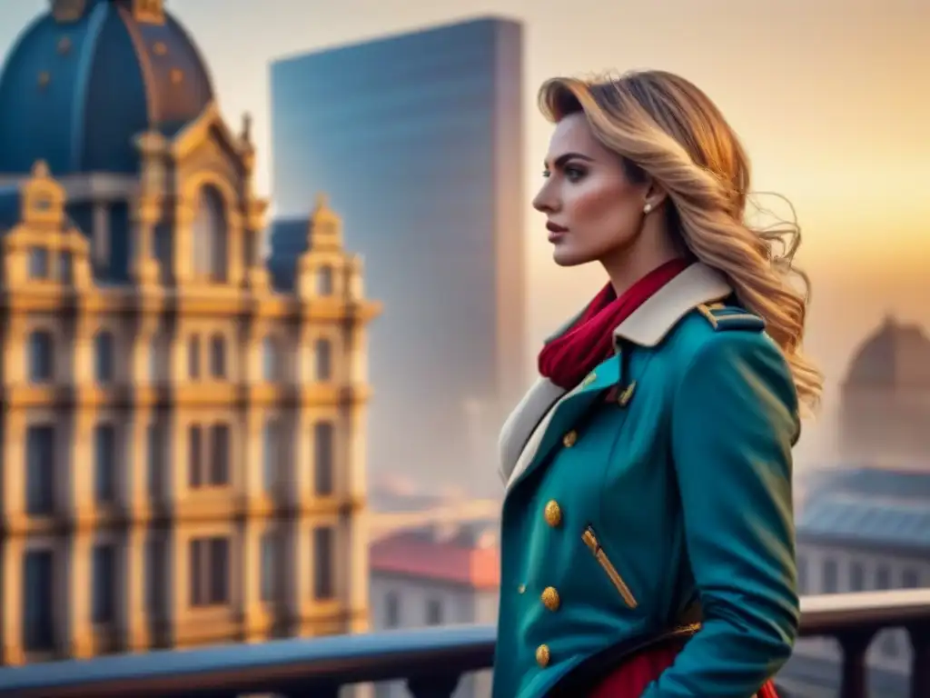 Contraste urbano: historia y modernidad en atardecer dorado Vista urbana vibrante con edificios históricos y modernos, destacando detalles al atardecer