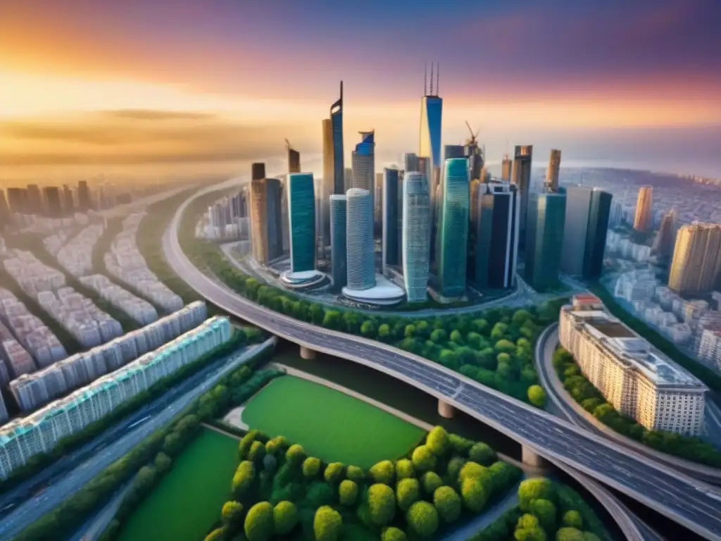 Metrópolis moderna al atardecer: real estate en evolución Vista urbana vibrante con restricciones uso suelo mercado inmobiliario