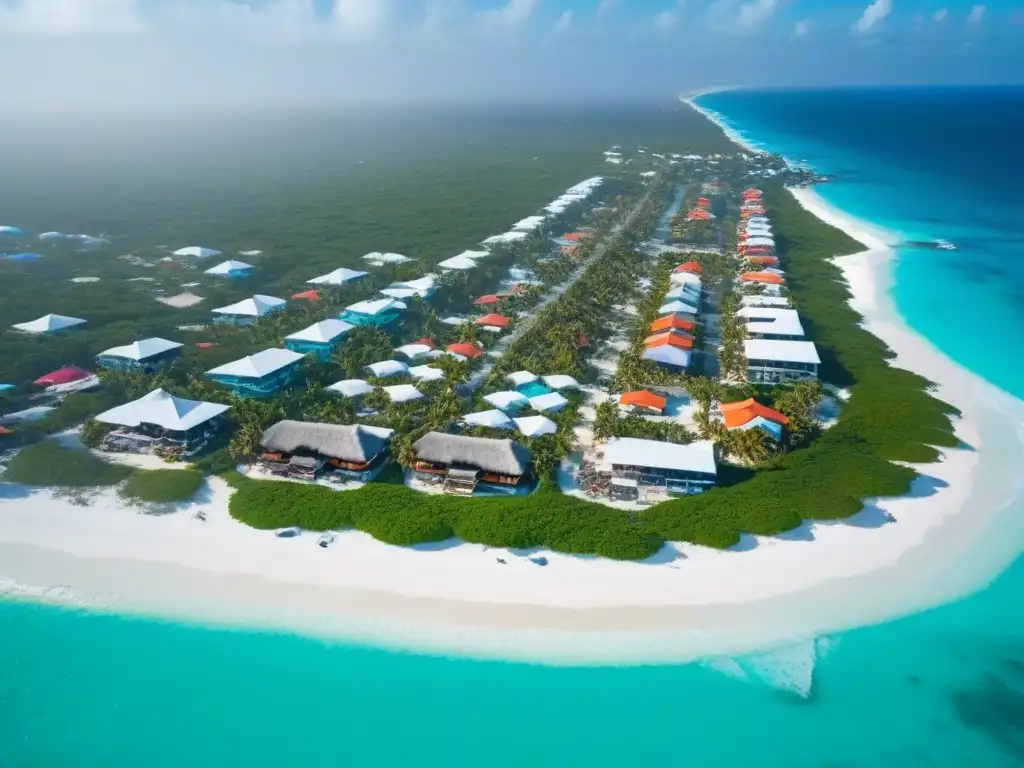 Maravillosa Tulum: playa, cultura y lujo en México Vista aérea vibrante de Tulum, México: aguas turquesas, playas blancas, edificios coloridos y resorts de lujo