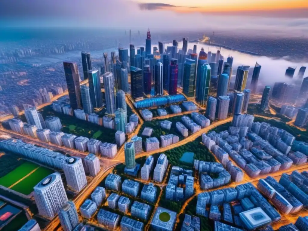 Metrópolis sostenible: el futuro urbano en acción Vista aérea vibrante de una ciudad activa con rascacielos modernos, espacios verdes y sistemas de transporte público eficientes integrados
