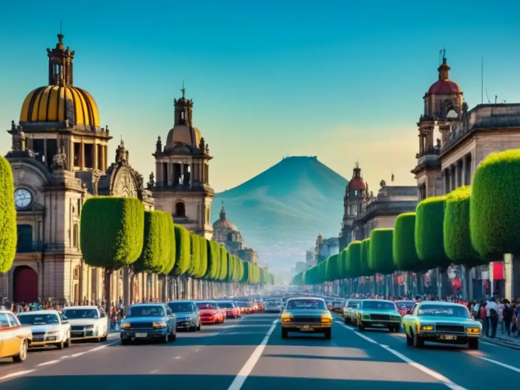 Vibrante ciudad de México: historia y modernidad Vista vibrante de la Ciudad de México, fusionando arquitectura histórica y rascacielos modernos bajo un cielo azul