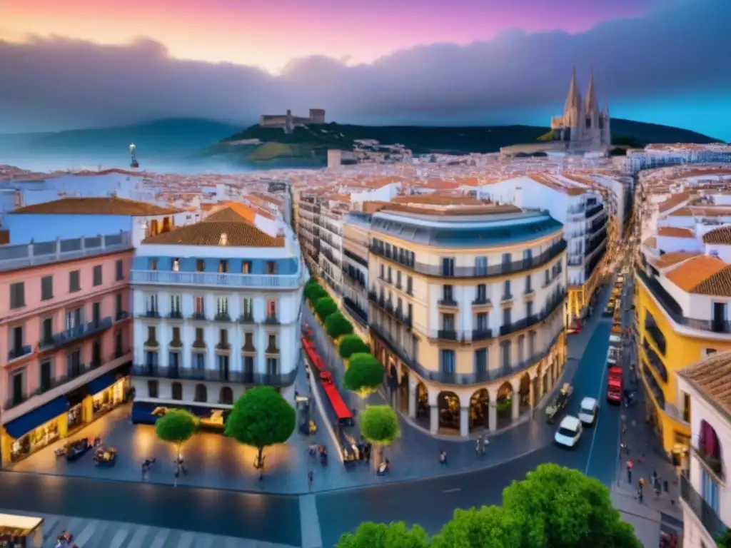 Vibrante ciudad española: modernidad y tradición Vista aérea vibrante de ciudad española con rascacielos modernos y arquitectura histórica