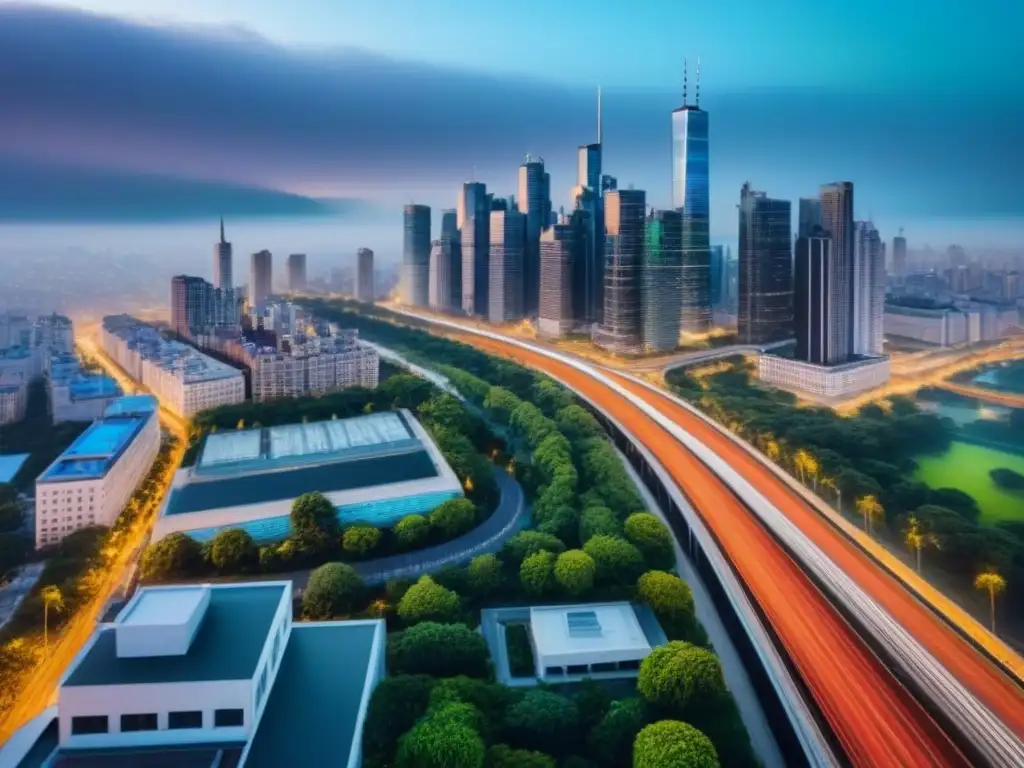 Metrópolis nocturna: luces y arquitectura urbana Vista aérea vibrante de una ciudad metropolitana bulliciosa al atardecer, con infraestructuras clave para el crecimiento de áreas metropolitanas