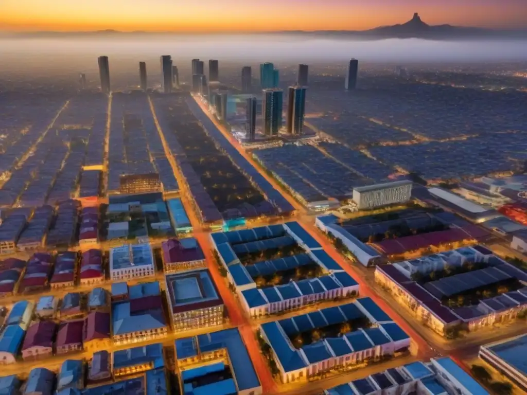 Desarrollo inmobiliario en México: arquitectura vibrante y urbana Vista aérea vibrante de una ciudad mexicana, reflejando la negociación con autoridades locales inmobiliarias
