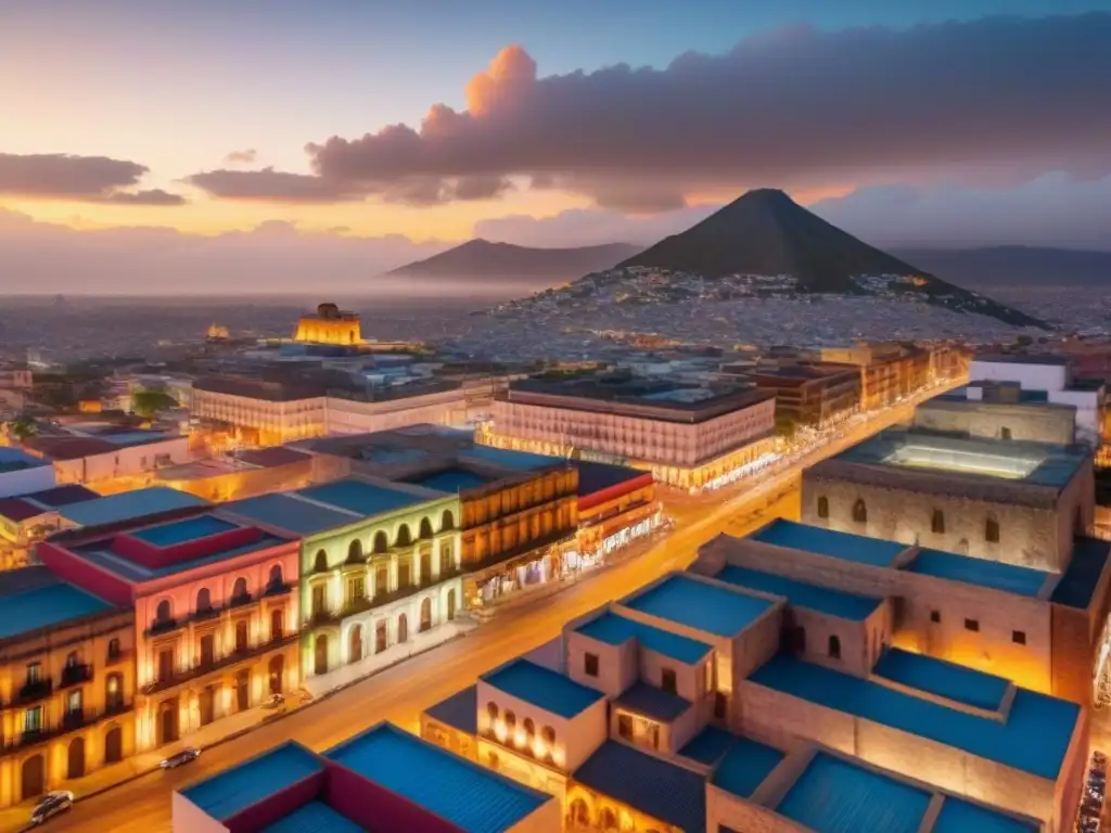 Vibrante ciudad mexicana al anochecer: modernidad y tradición Vista aérea vibrante de una ciudad mexicana al anochecer, mezclando rascacielos modernos con edificios históricos bajo la luz cálida de la ciudad