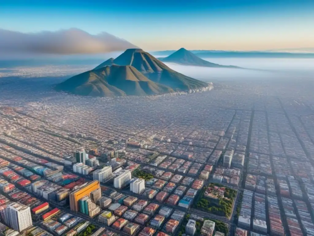 México City: paisaje urbano vibrante y diverso Vista aérea vibrante de la Ciudad de México con modernos rascacielos, calles llenas y montañas al fondo