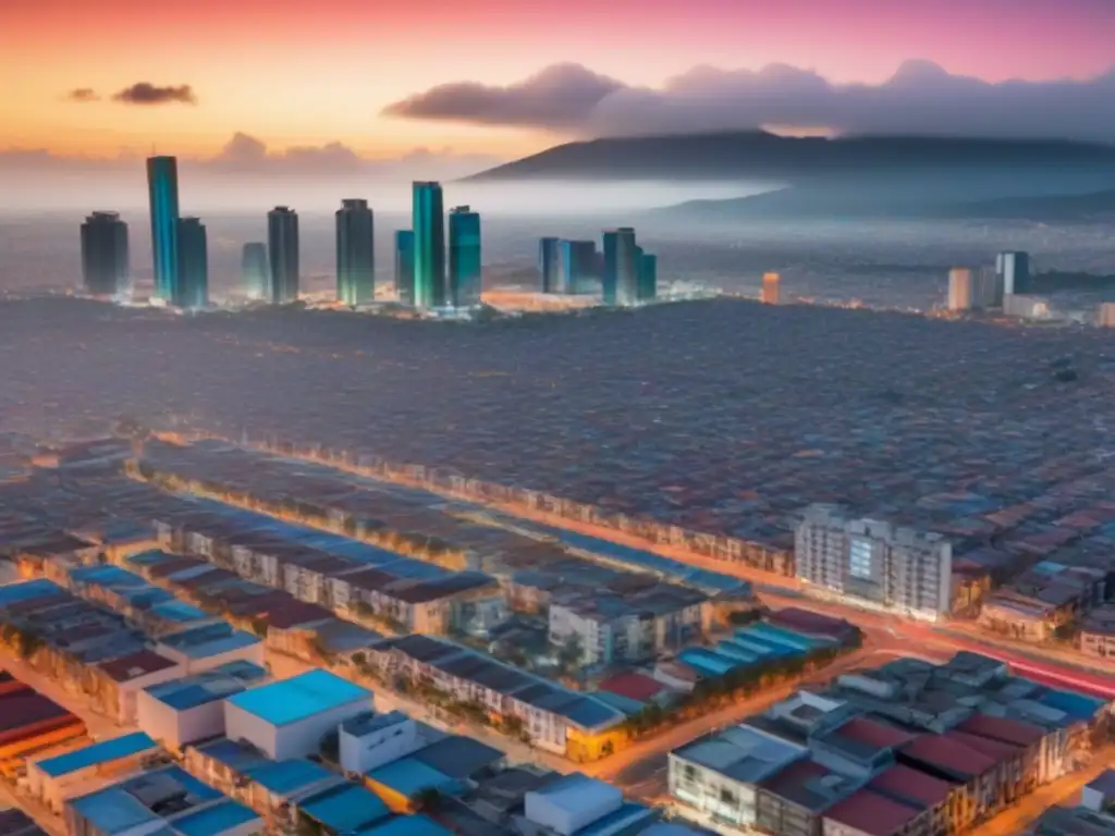 Modernidad urbana: real estate en México al atardecer Vista aérea vibrante de una ciudad en México con rascacielos, calles llenas de anuncios de publicidad inmobiliaria