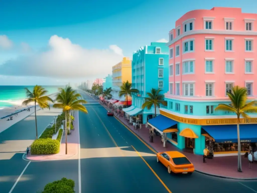 Esplendor Art Deco en Ocean Drive, Miami Vista aérea vibrante de Ocean Drive en Miami Beach con edificios icónicos de estilo Art Deco bajo cielo azul despejado