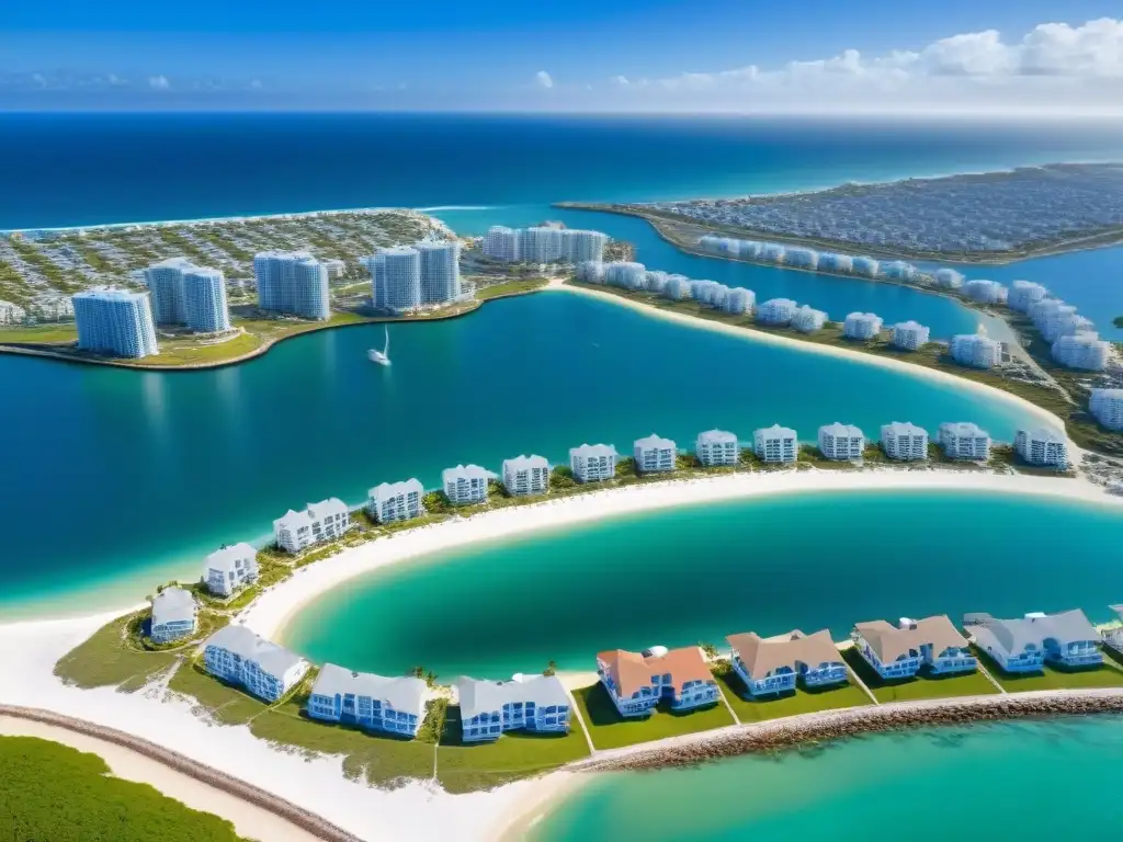Inversiones inmobiliarias en zona costera: lujo y oportunidad Vistas aéreas detalladas de zonas costeras con diversidad de inversiones inmobiliarias, destacando la relación entre restricciones de construcción y ubicaciones privilegiadas