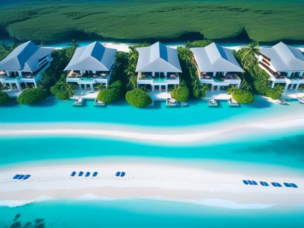 Paraíso caribeño: resort de lujo con aguas turquesas y villas opulentas Vistas aéreas de un lujoso resort en el Caribe con aguas turquesas, playas de arena blanca y villas con piscinas infinitas
