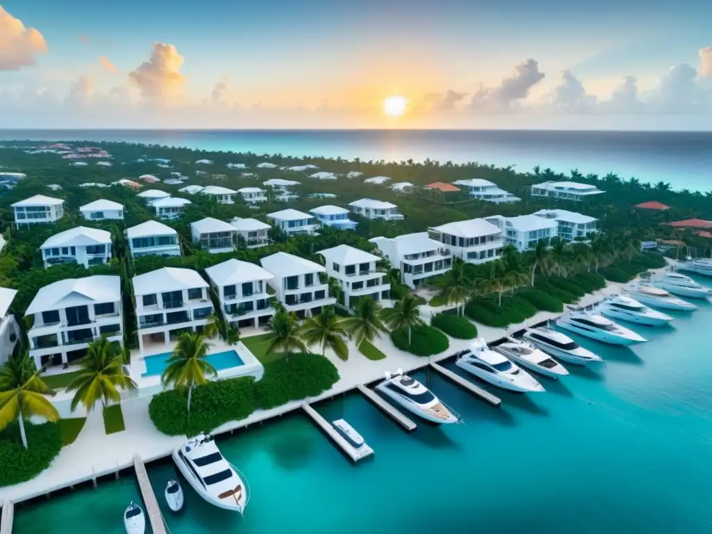 Vistas aéreas exclusivas: propiedades de lujo en el Caribe Vistas aéreas de propiedades de lujo en el Caribe con diseño arquitectónico moderno, muelles privados y yates elegantes