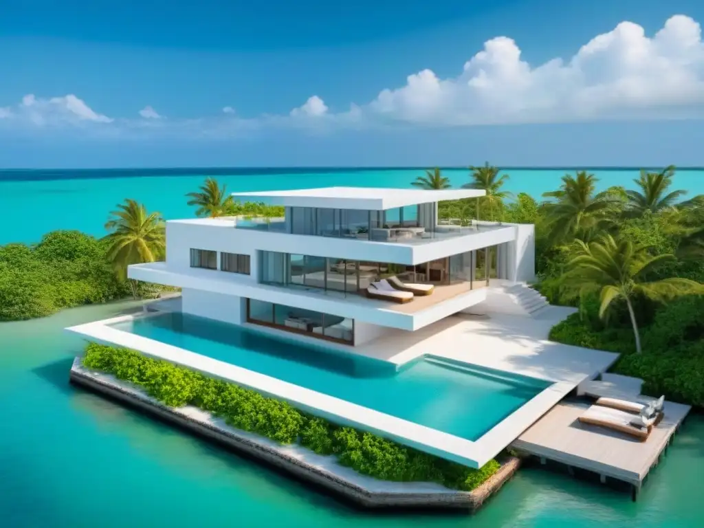 Plan arquitectónico de propiedad de lujo frente al mar en Belice Vistas panorámicas al océano de una lujosa propiedad frente al mar en Belice, resaltando características clave como piscina y muelle