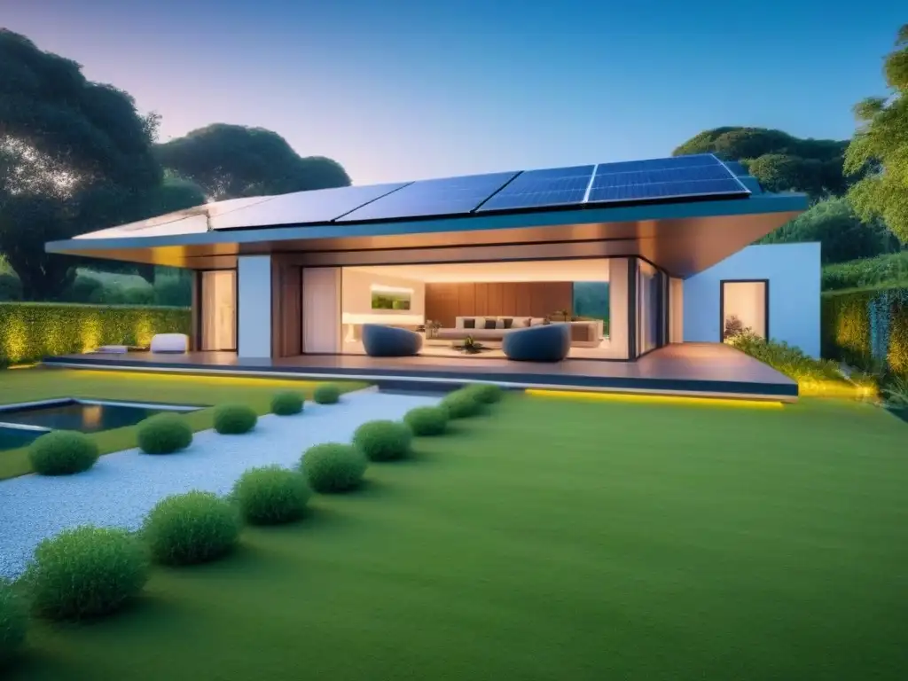 Hogar inteligente sostenible: diseño futurista y tecnología avanzada Vivienda futurista sostenible con domótica en construcción sostenible, integrando tecnología avanzada y diseño ecológico