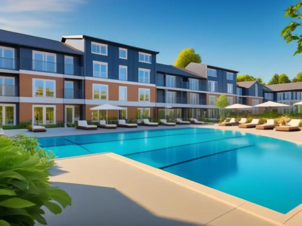 Comunidad de retiro moderna: activa y vibrante bajo el cielo azul Inversión en vivienda para mayores: Comunidad de retiro moderna y vibrante con amplias áreas verdes y diversas actividades para residentes activos
