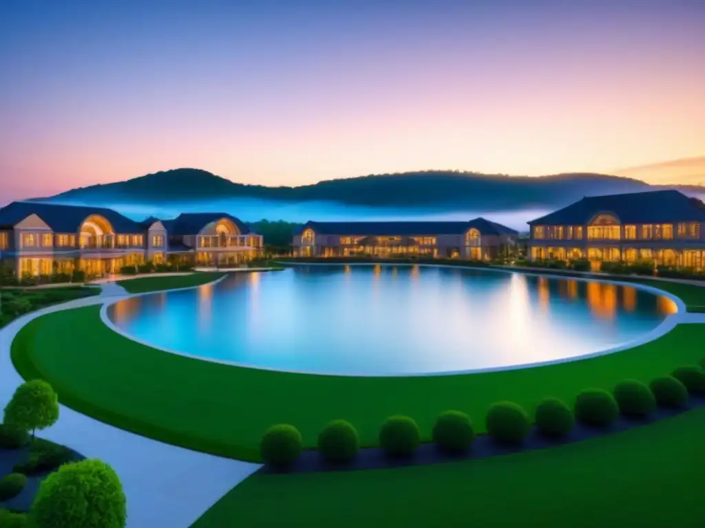 Comunidad de jubilación de lujo con vistas al lago al atardecer Inversión en vivienda para mayores: Comunidad de retiro elegante y moderna con lujosas amenidades y vista al lago al atardecer