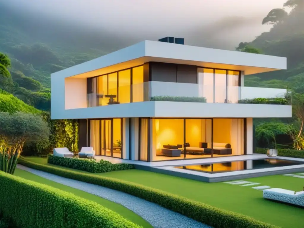 Vivienda moderna y segura ante terremotos en entorno natural Vivienda moderna y segura ante desastres naturales, con diseño avanzado y tecnología, rodeada de exuberante vegetación